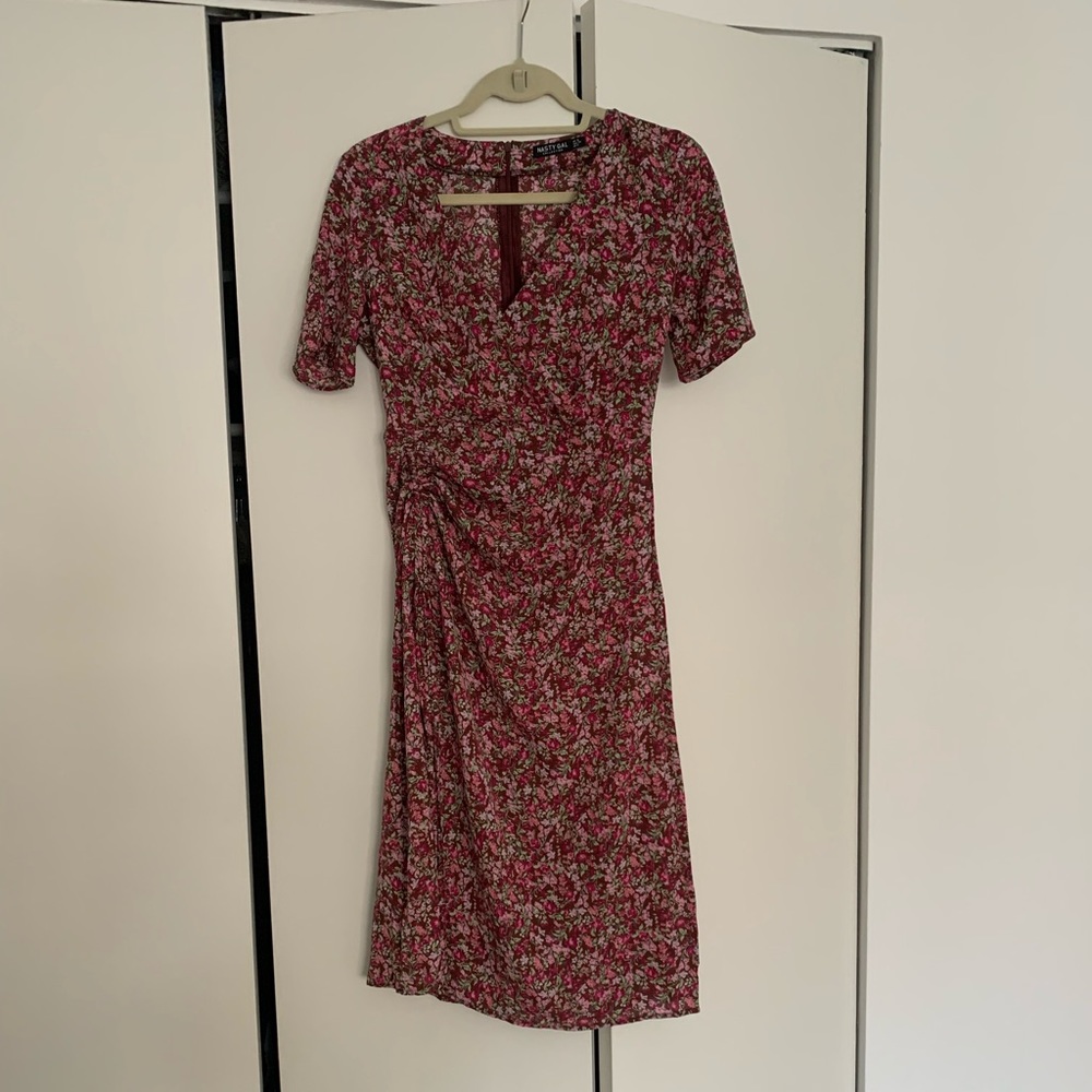 Nasty Gal midi pink floral dress with slit